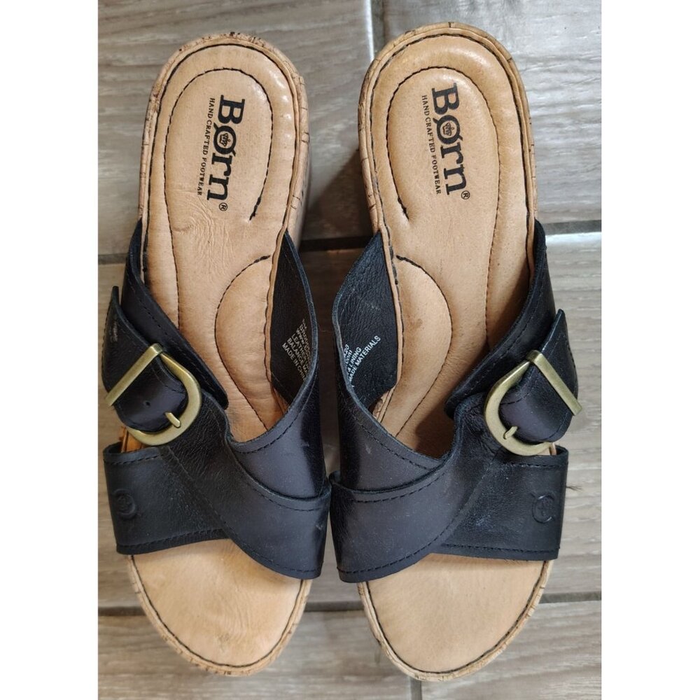 Born Black Wedge Criss Cross Sandal Shoe, 8M, Leather, Brass Buckle Slip On